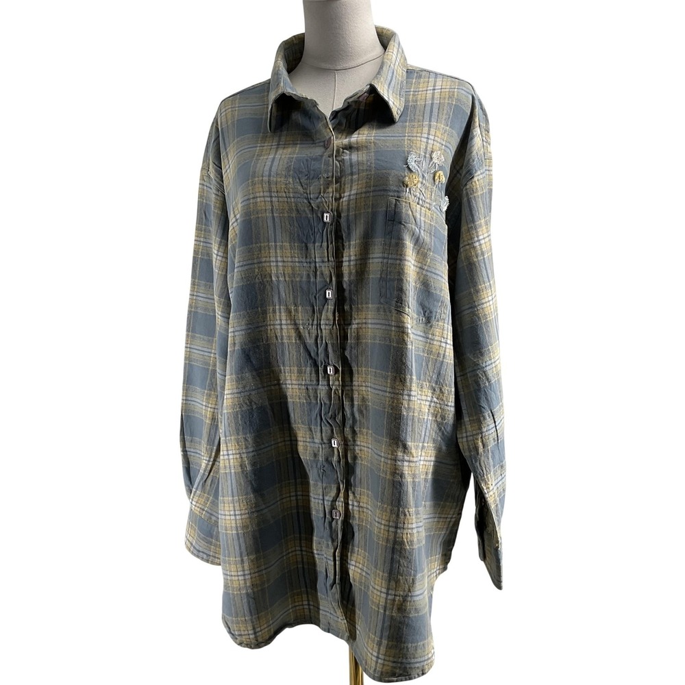 Lemon Grass Button-Up Tunic Womens 3X Blue Long Sleeve Collared Embroidered